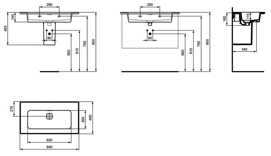 Раковина Ideal Standard Strada II 84 см без отверстия под смеситель T363401 (детальная фотография), современные, hi-tech