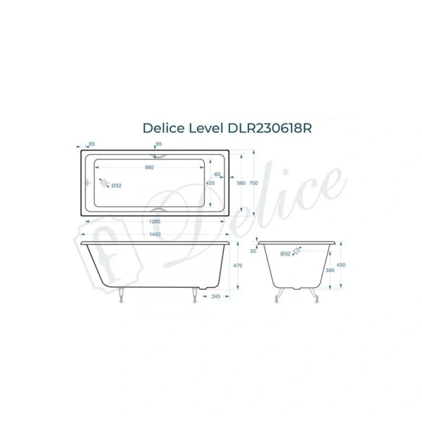 Ванна чугунная Delice Level DLR230618R 140x70 прямоугольная (детальная фотография), чугунные