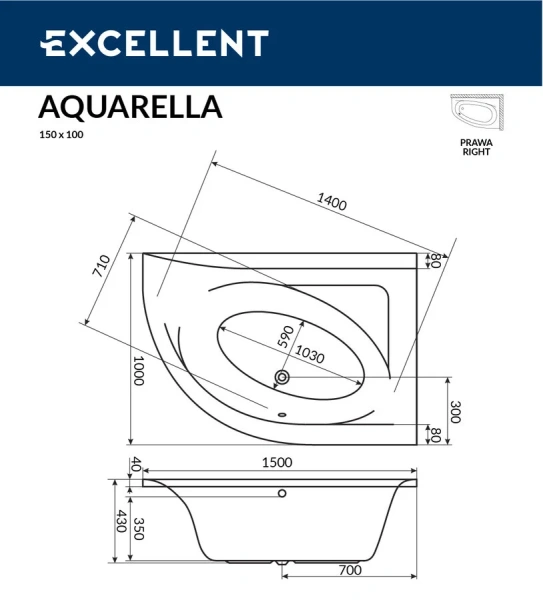 Ванна акриловая Excellent Aquarella 150 x 100 см, левая/правая WAEX.ARL15WH (детальная фотография), 150х100
