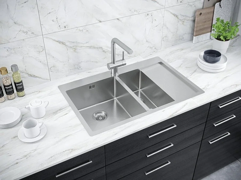 Мойка для кухни Paulmark Liga 78 см нержавеющая сталь, правосторонняя PM227851-BSR (детальная фотография), из нержавеющей стали, стальные, металлические