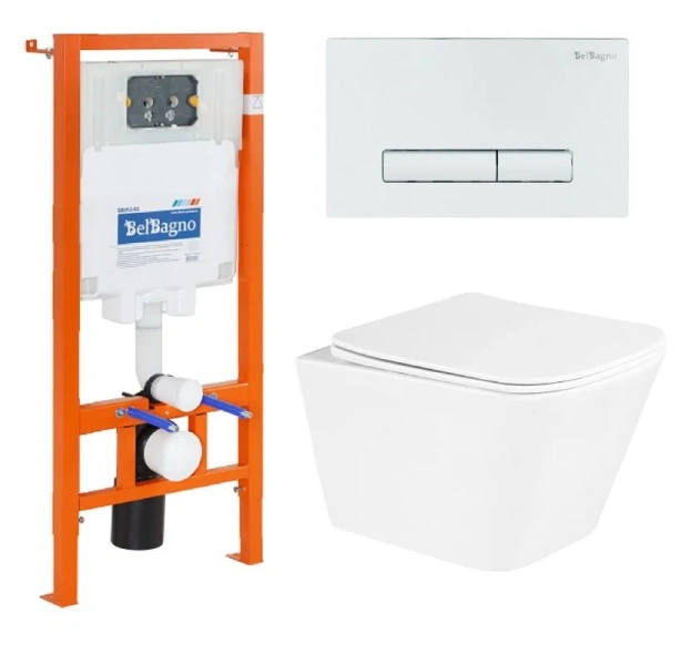 Унитаз с инсталляцией Belbagno Due кнопка белая BB3103CHR/SC/BB002-80/BB018-GV-BIANCO (детальная фотография)
