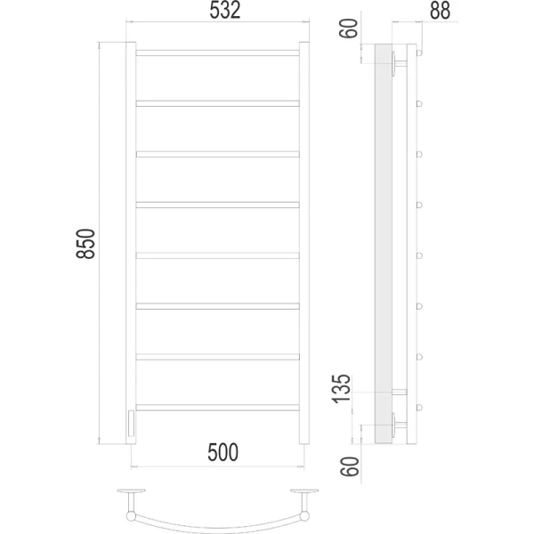 Полотенцесушитель электрический Terminus Классик П8 50х85 см левый 4670078531377 (детальная фотография), современные, hi-tech