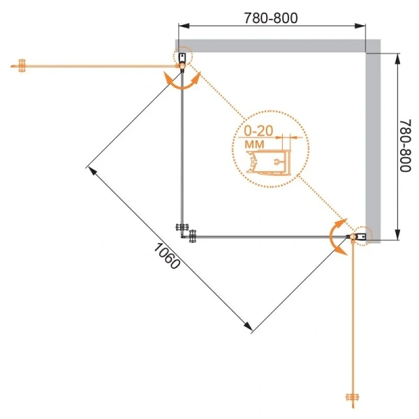 Душевой уголок Cezares Elena 80x80 см стекло прозрачное ELENA-W-A-2-80-C-Cr (детальная фотография), квадратные