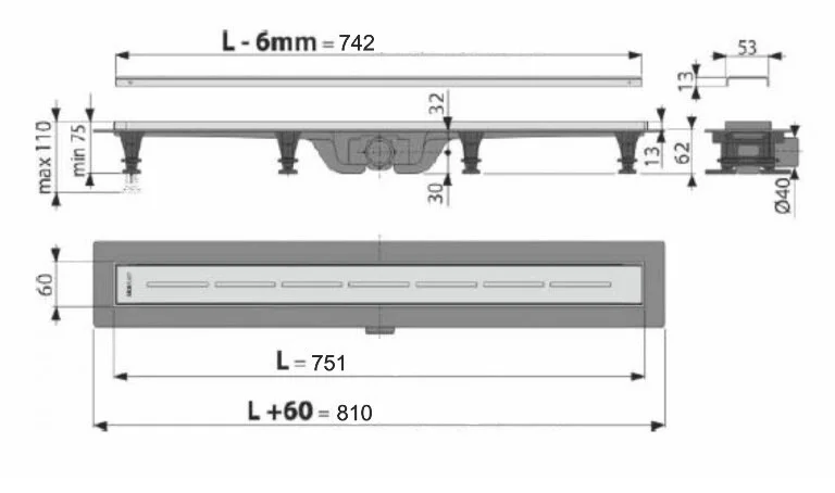 Душевой лоток Alcaplast APZ Simple 75 см с решеткой APZ18-750M (детальная фотография), матовый хром