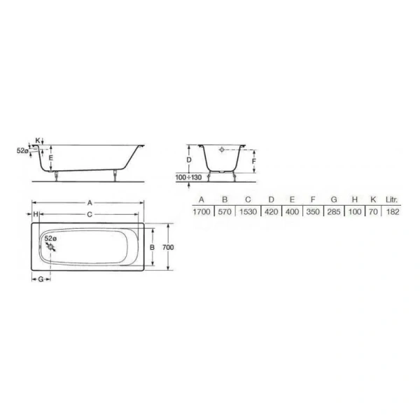 Чугунная ванна Roca Continental 7.2129.0.100.R 170 х 70 см (детальная фотография), 170x70 см