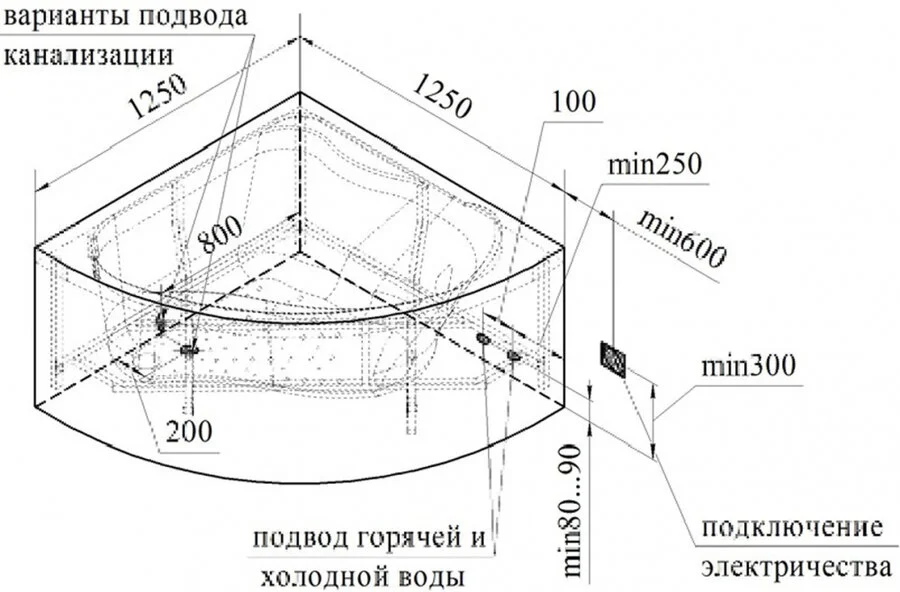 Акриловая ванна Радомир Альтея 2-78-0-0-1-219, 125 x 125 см, с фронтальной панелью и каркасом (детальная фотография), современныe, hi-tech