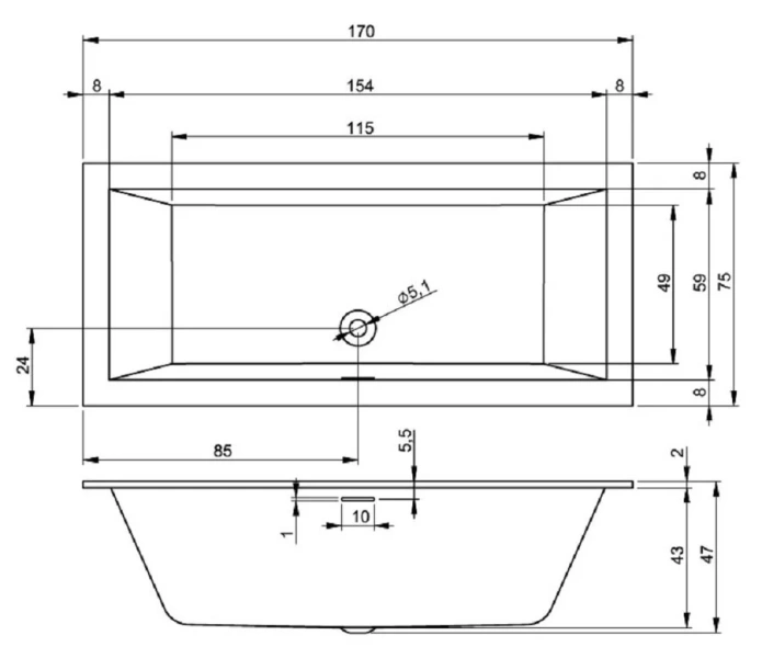 Акриловая ванна Riho Rething Cubic 170 x 75 см, заполнение через перелив, белая, B105013005 (детальная фотография), прямоугольные