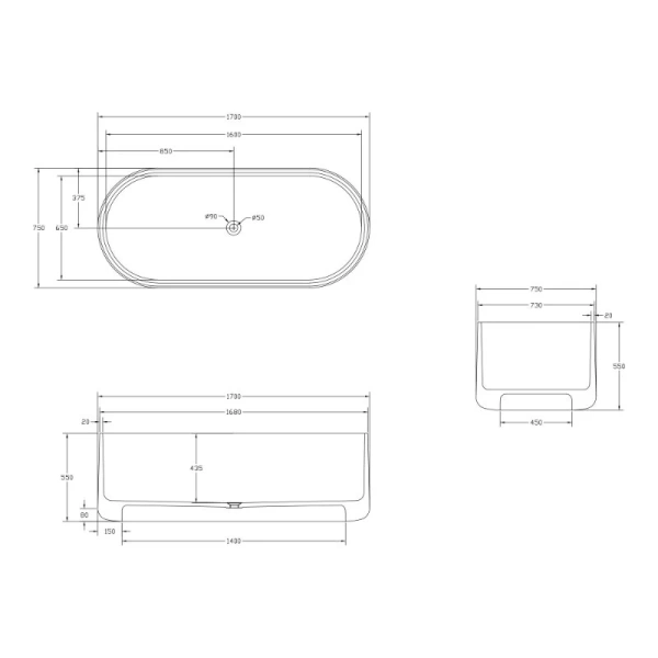 Ванна из полиэфирной смолы Abber Kristall 170x75 см черная AT9708Onyx (детальная фотография), отдельностоящие