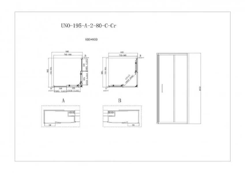 Душевой уголок BelBagno Uno-195 80х80 см стекло прозрачное UNO-195-A-2-80-C-Cr (детальная фотография), квадратные