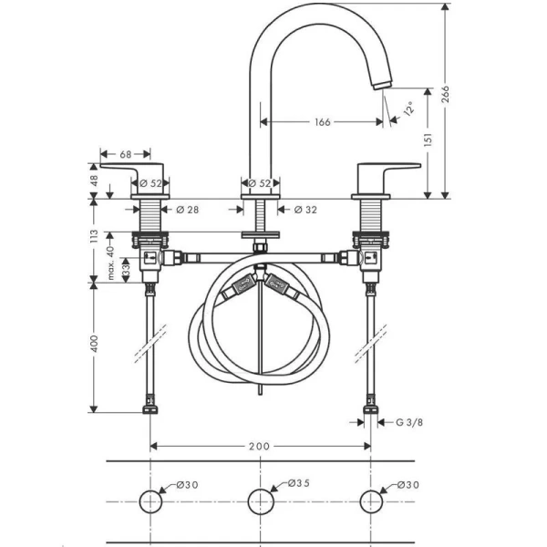 Смеситель для раковины Hansgrohe Vernis Blend 71553 на 3 отверстия (детальная фотография), для раковины