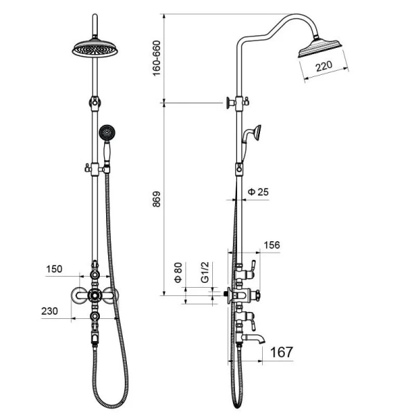 Душевая стойка Акватек Классик черная матовая AQ2543MB (детальная фотография), классические, ретро