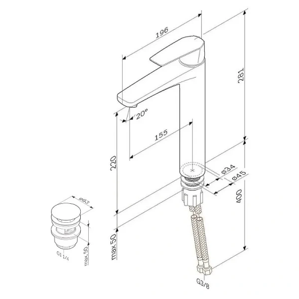 Смеситель для раковины AM.PM Gem с донным клапаном хром F90A92200 (детальная фотография), для раковины