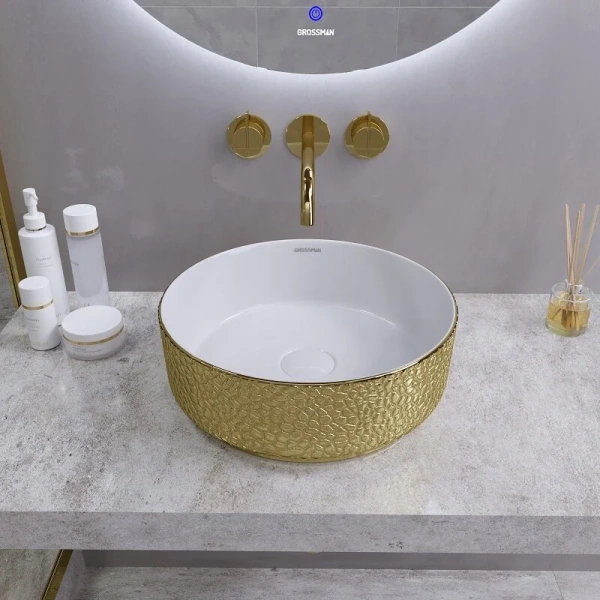 Раковина Grossman Color 35.5 см золото/белая с текстурой кожи GR-5010GWL (детальная фотография), накладные (на столешницу)
