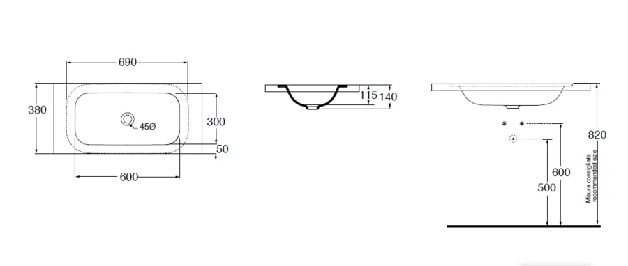 Раковина Azzurra Glaze 69 см встраиваемая GLLT06938000BI (GLZ 69x38/SP bi) (детальная фотография), современные, hi-tech