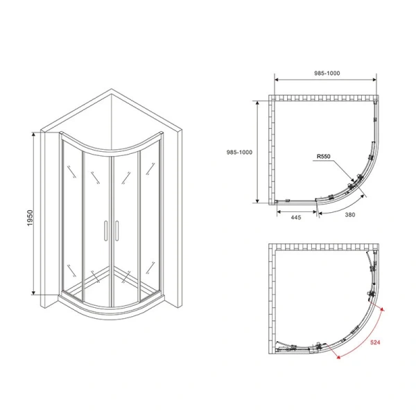 Душевой уголок Abber Schwarzer Diamant 100x100 см стекло матовое AG01100M (детальная фотография), полукруглые, четверть круга