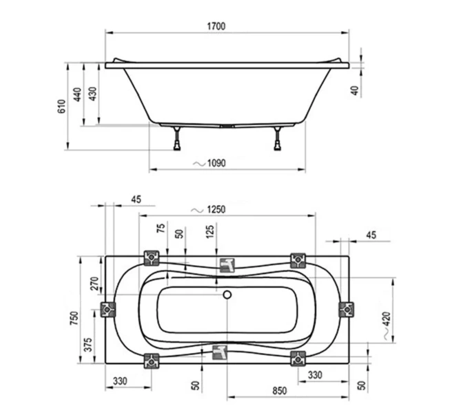 Ванна акриловая Ravak Campanula II 170х75 см белая CA21000000 (детальная фотография), с гидромассажем, большие, двухместные