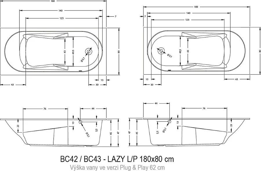Ванна акриловая Riho Lazy 180х80 см правосторонняя B082001005 (детальная фотография), современныe, hi-tech