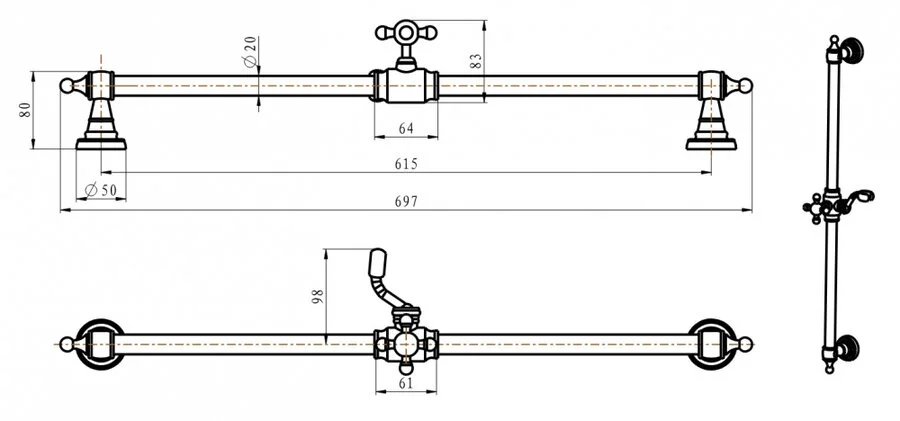 Штанга для душа Boheme Imperiale золото 417 (детальная фотография), штанги для душа