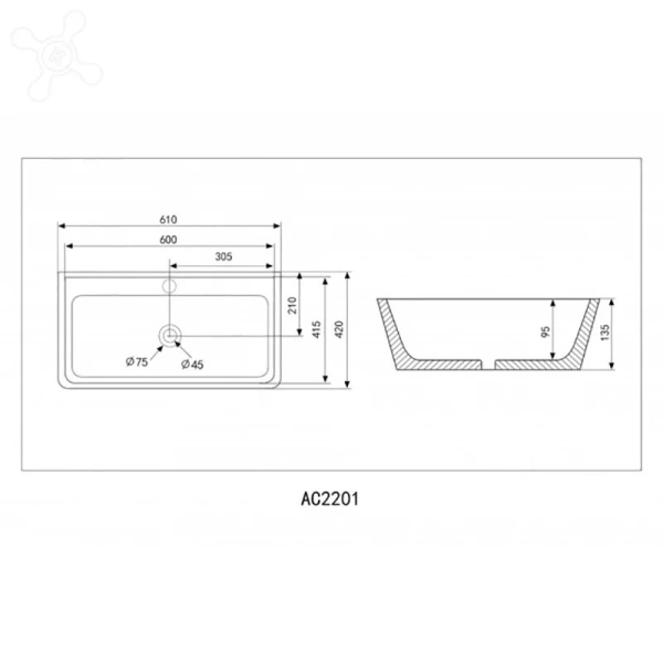 Раковина Abber Rechteck 61 см черная матовая AC2201MB (детальная фотография), современные, hi-tech