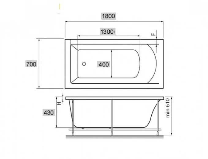 Ванна акриловая Vayer Milana 180 х 70 см, прямоугольная, белая Гл000024275 (детальная фотография), акриловые