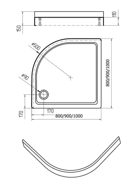 Душевой поддон Акватек 100x100 см полукруглый DPA-0000002 (детальная фотография), средние от 15 до 30 см