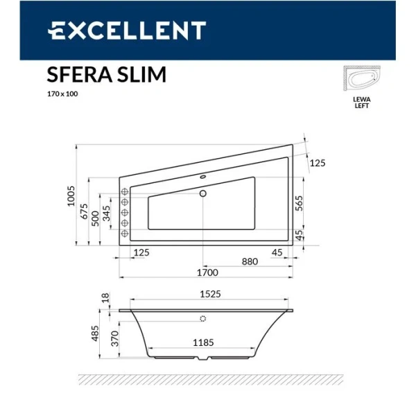 Ванна гидромассажная Excellent Sfera Slim Smart 170 x 100 см, левая, белый/золото, WAEX.SFL17S.SMART.GL (детальная фотография), акриловые