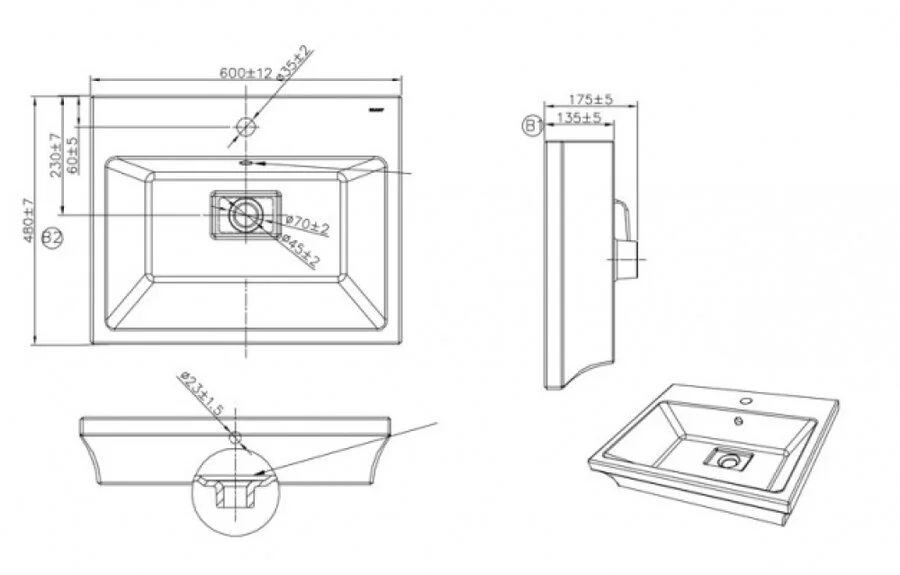 Раковина Bravat Phillis C22192W-1-ENG 60 см (детальная фотография), современные, hi-tech