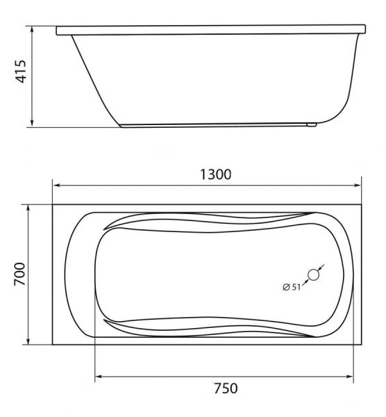 Ванна акриловая 1Marka Classic 130х70 см прямоугольная 01кл1370 А (детальная фотография), современныe, hi-tech