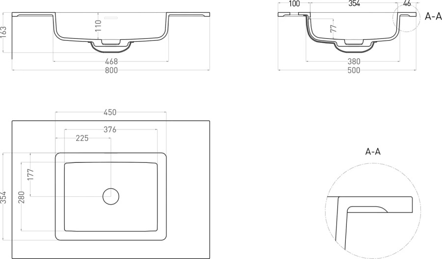 Раковина Salini Onda 80 см белый матовый 1402201M (детальная фотография), прямоугольной формы