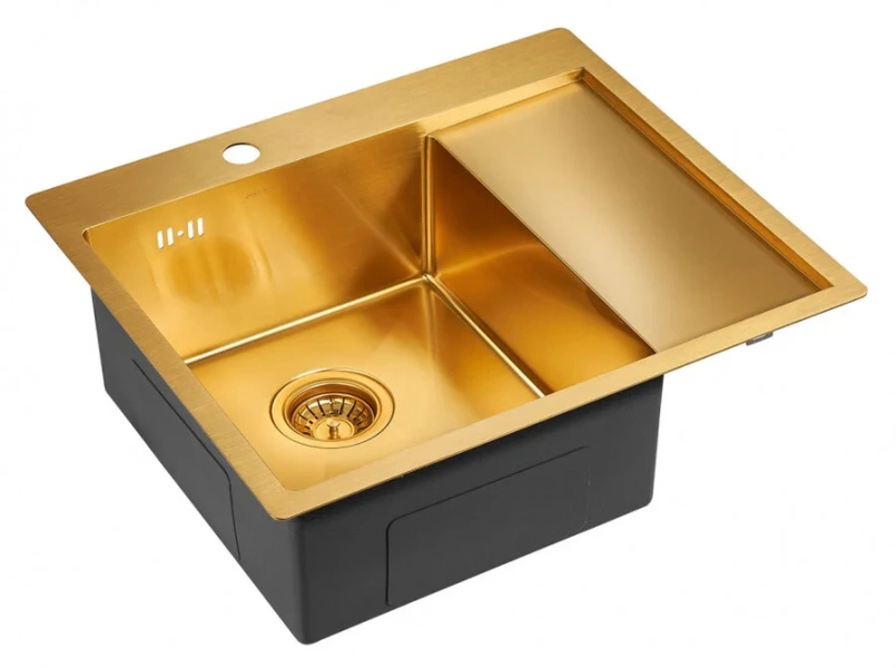 Мойка для кухни Paulmark Flank 59 см брашированное золото, правосторонняя PM225951-BGR (детальная фотография), из нержавеющей стали, стальные, металлические