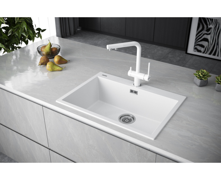 Мойка для кухни Paulmark Decoration 76 см белая матовая PM937650-WH (детальная фотография), из искусственного гранита