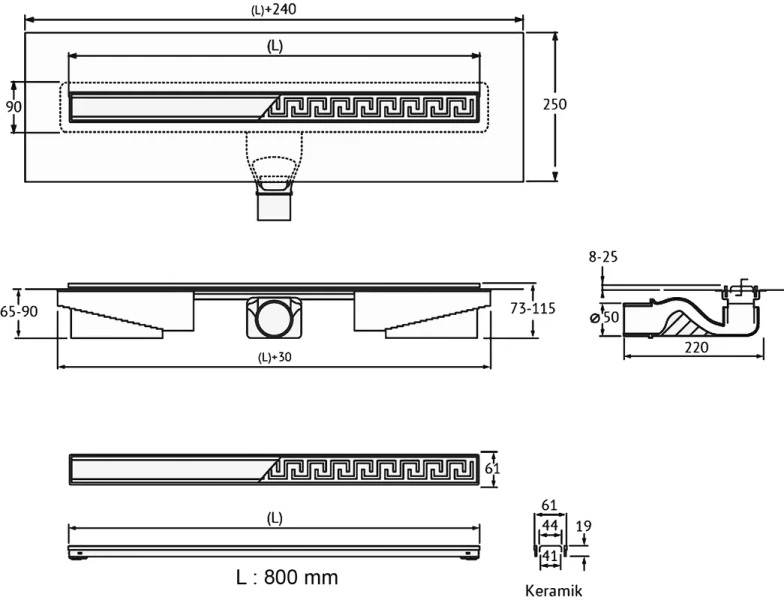 Душевой лоток BERGES B1 Keramik 80 см хром матовый 090119 (детальная фотография), матовый хром index_1
