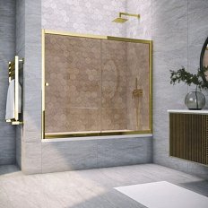 Душевая шторка на ванную профиль золотой стекло бронза Vegas-glass