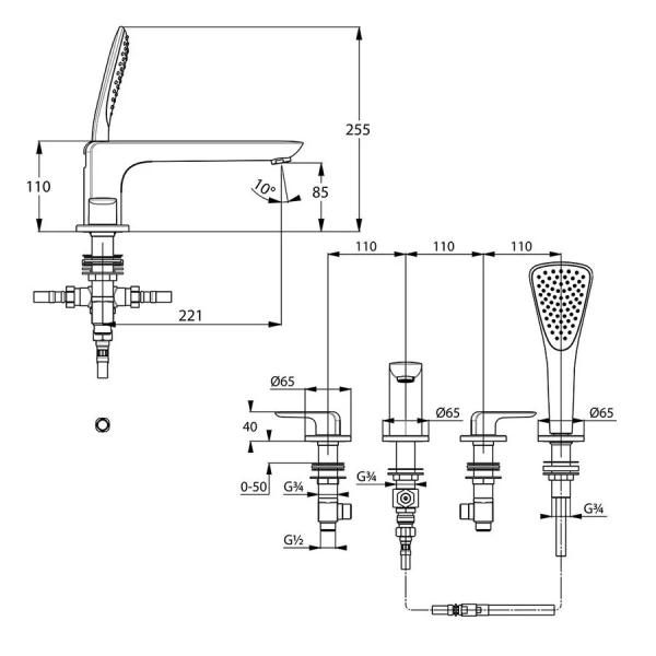 Смеситель для ванны Kludi Ameo хром 414240575 (детальная фотография), современные, hi-tech