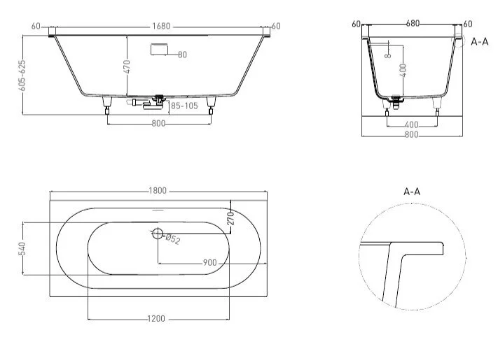 Ванна из искусственного камня Salini Ornella Axis Kit 180x80 см S-Sense (Sapirit) глянцевый 103511G (детальная фотография), искусственный камень