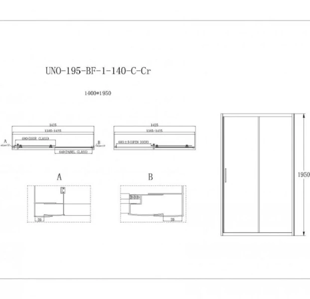 Душевая дверь в нишу Belbagno UNO 140 см профиль хром стекло прозрачное UNO-195-BF-1-140-C-Cr (детальная фотография), современные, hi-tech