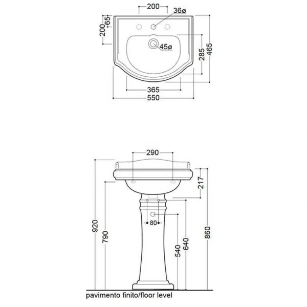 Раковина Kerasan Retro 55 см белая, с 1 отверстием под смеситель 104501*1 (детальная фотография), классические, ретро