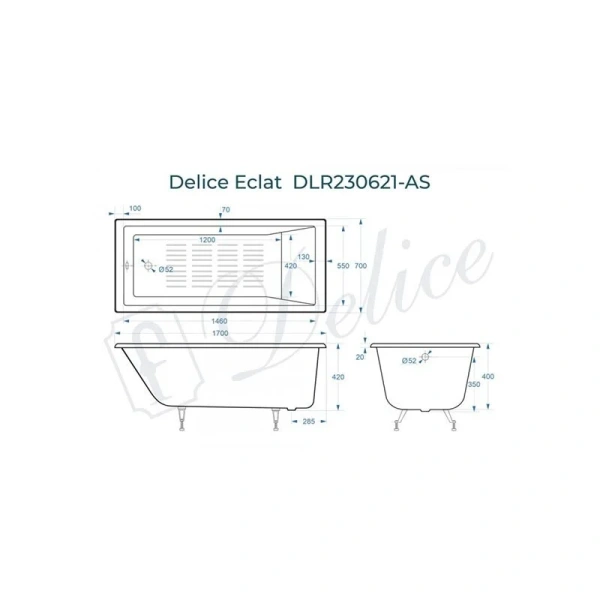 Ванна чугунная Delice Eclat 170x70 см DLR230621-AS с антискользящим покрытием (детальная фотография), чугунные