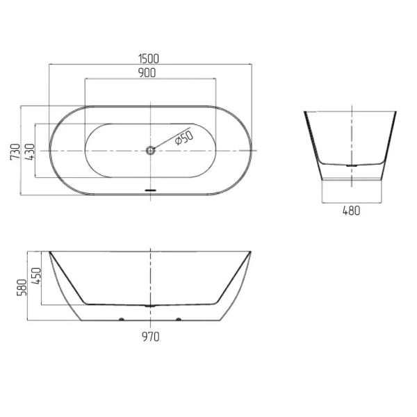 Ванна акриловая Grossman Classic GR-12500, 150 x 75 см, белая (детальная фотография), акриловые