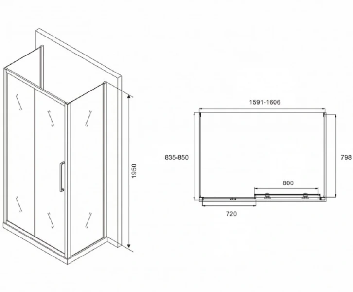 Душевой уголок Abber Schwarzer Diamant 160х85 см профиль черный, стекло прозрачное AG30160BH-S85B-S85B (детальная фотография), прямоугольные