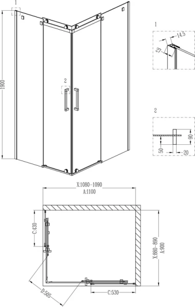 Душевой уголок Grossman Cosmo 110x110 см без поддона GR-1110R (детальная фотография), стеклянные, угловые, без поддона