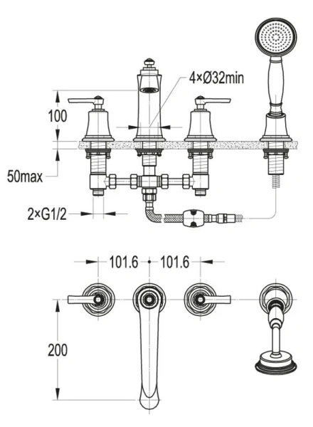 Смеситель для ванны Cezares Liberty с ручным выдвижным душем LIBERTY-F-BVD4-01 (детальная фотография), для ванны
