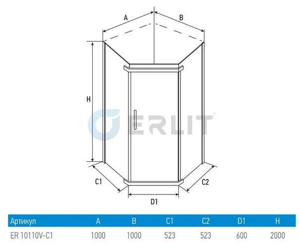 Душевой уголок Erlit Comfort ER10110V 98х98 см пятиугольный (детальная фотография), недорогие, стеклянные, угловые, без поддона