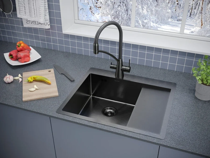 Мойка для кухни Paulmark Flank 59 см вороненая сталь, левосторонняя PM225951-GML (детальная фотография), прямоугольной формы