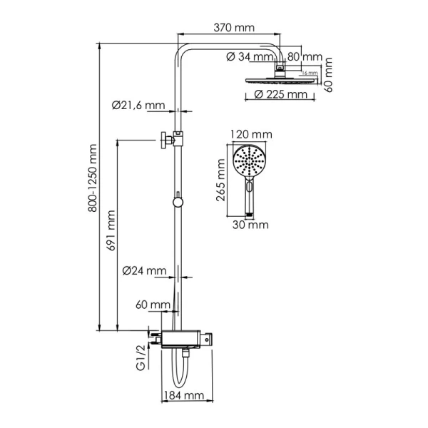 Душевая стойка WasserKRAFT Aller хром A113.067.127.CH Thermo (детальная фотография), современные, hi-tech