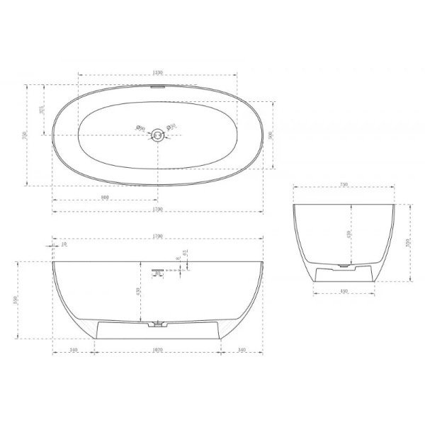Ванна из искусственного камня Abber Stein 170x75 см отдельностоящая AS9624-1.7 (детальная фотография), искусственный камень