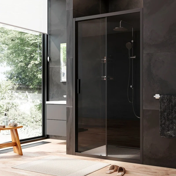 Душевая дверь в нишу AM.PM Gem Solo 110 см профиль черный стекло тонированное W90G-110-1-195BG (детальная фотография), 110 см