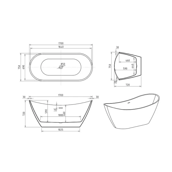 Ванна акриловая Royal Bath Wave RB610101BL, 170 x 75 см, цвет белый (детальная фотография), акриловые