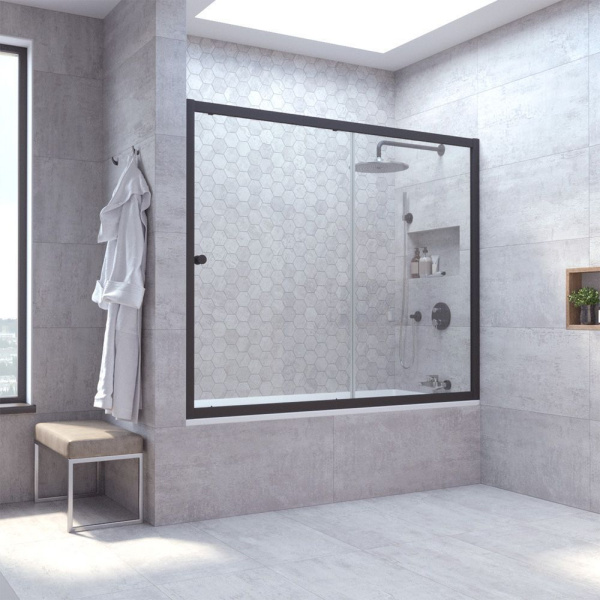 Душевая шторка на ванную профиль черный глянцевый стекло шиншилла Vegas-glass ZV 180 02Г 02 (детальная фотография)