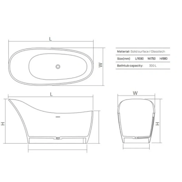 Ванна DEA Design Elegant DD8613 1690 R5, 169 х 75 см, полиэфирная смола, цвет pomegranate (детальная фотография), полиэфирная смола